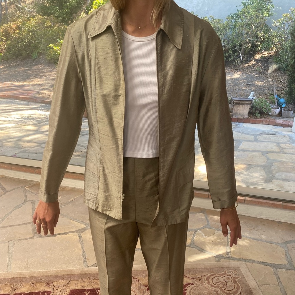 St. John Sport 100% silk olive cream pants and jacket set